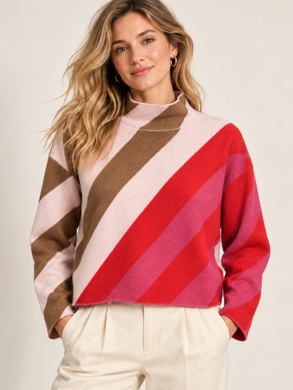 Maeve Anthropologie Carys Mock Neck Sweater Medium Pink Coral Striped